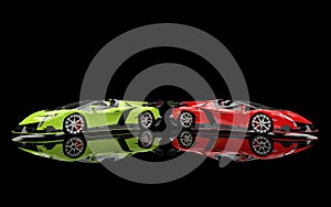 Green and red supercars on black photo