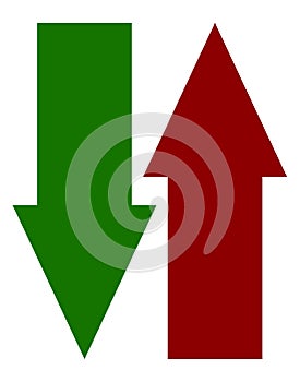 Green red up down arrow icons. Vertical arrows in opposite dir