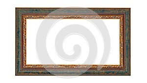Green red wooden frame for paintings with gold patina. Isolated on white