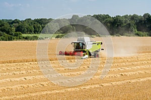 green red working harvesting combine in a field of wheat in front of a blue cloudy sky