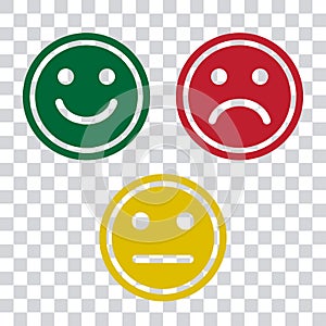 Green, red and yellow smileys emoticons icon on transparent background. Positive, negative and neutral, different mood. Vector