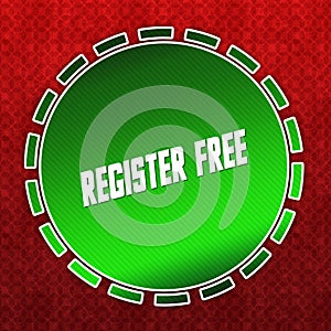 Green REGISTER FREE badge on red pattern background.