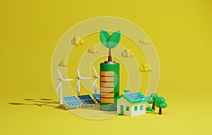 Green renewable energy house with solar panels and wind turbines, clean energy