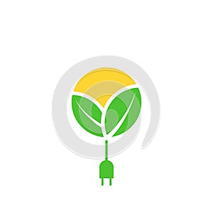 Green renewable energy logo, leafs, sun with cable with plug, charging eco power icon, vector illustration design template