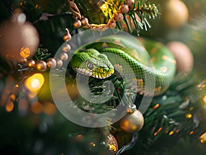 A green reptile among the decorations on the Christmas tree
