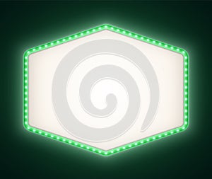 Green retro lightbox with white light bulbs, vintage theater signboard mockup isolated on a dark background