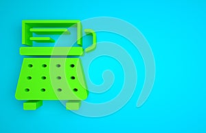 Green Retro typewriter and paper sheet icon isolated on blue background. Minimalism concept. 3D render illustration