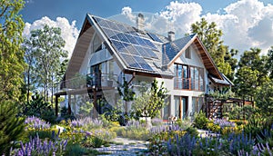 Green Revolution: Rooftop Gardens & Solar Panels Adorn Sustainable Home, generative ai