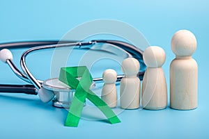 Green ribbon and stethoscope.treatment concept for ovarian cancer and cervical cancer photo