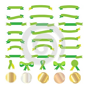 Green ribbons and gold labels isolated on white background festival decoration Olympics Games