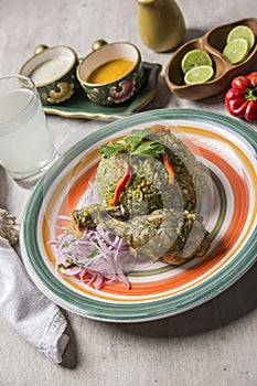 Green rice with chicken leg and onion sauce arroz con pollo y zarza de cebolla Peruvian comfort food buffet traditional table photo