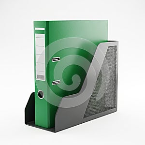 Green Ring Binder in a Dark Gray Magazine Holder on a White Background folder document