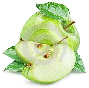 Green ripe apple and apple slices on white background