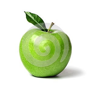 Green ripe apple with green leaf isolated on a white background