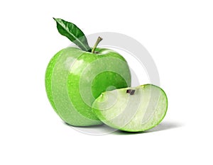 Green ripe apple with green leaf and slice isolated on a white background