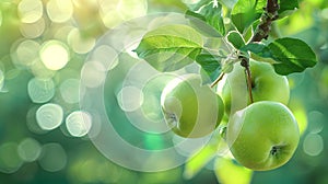 Green ripe apples hang on a branch in an apple orchard