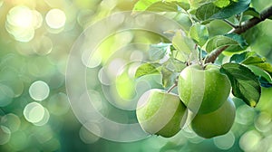 Green ripe apples hang on a branch in an apple orchard