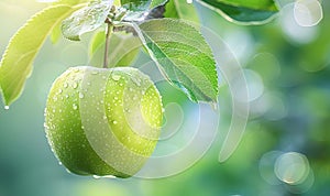 Green ripe apples hang on a branch in an apple orchard