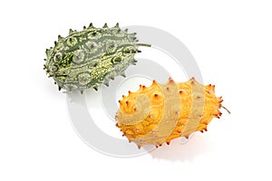 Green and Ripe Kiwano. Spiked or jelly melon isolated on white background. Cucumis metuliferus