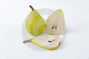 Green and ripe pear isolated on a white background - Delicious pear breakfast - Pear sliced and whole