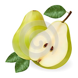 Green ripe pear with a leaf and a half