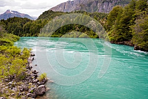 Green river with lush vegetation and stones photo