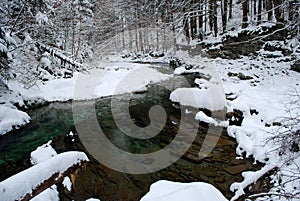 Green river with snow