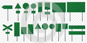 Green road sign board. Direction signs boards on metal stand, empty pointer post and directing signboard isolated vector set