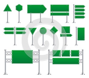 Green road sign. Board directional signs, metal highway and street boards. City traffic blank banners, way direction