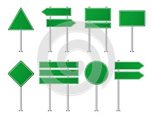 Green road sign for haghway, street. Blank signage for direction in travel. Isolated billboard template for city. Information