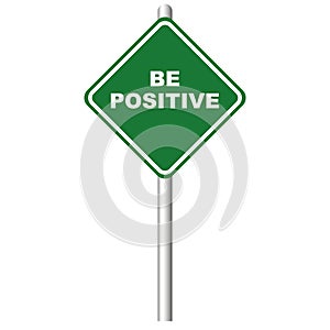 Green road sign with phrase Be Positive on white background