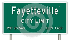 Green road sign showing population and elevation for Fayetteville Arkansas