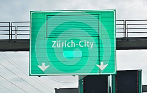 Green roadsigns of destination to Zurich Switzerland