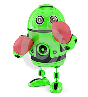 Green robot with blue boxing gloves. Isolated. Contains clipping path