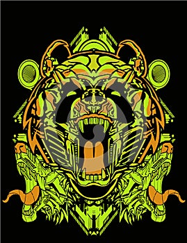 Green robot Panda bear cyberpunk robot head with cyberpunk theme with sacred geometry and floral background for poster and tshirt