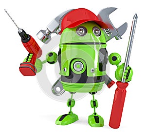 Green robot with tools. . Contains clipping path photo