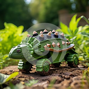 Green Robotic Tortoise With Toy Cars: Nature-inspired, Eco-friendly Train Set Model