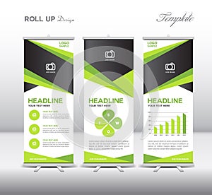 Green Roll Up Banner template and info graphics, stand design,vector illustration