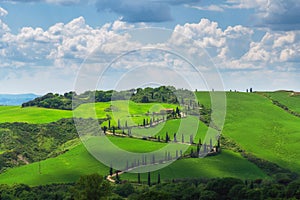 Green rolling hills and cypress trees road, la foce, Val d\'Orcia, Tuscany, Italy