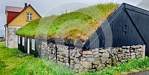 Green roof house in Gjogv village.island of Eysturoy. Faroe Islands