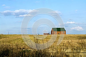 Green Roof Shed Blue Sky Clouds