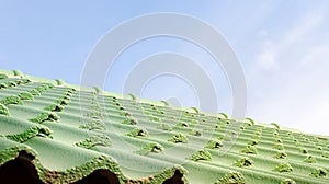 Green roof tile pattern over blue sky