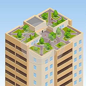 Green roofs, roof garden, eco roof. Flat 3d vector isometric illustration of eco roof.