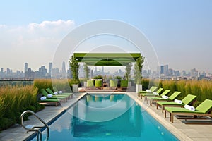 green rooftop terrace with lounge chairs and an infinity pool, surrounded by city skyline