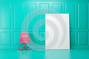 Green room, pink office chair, poster