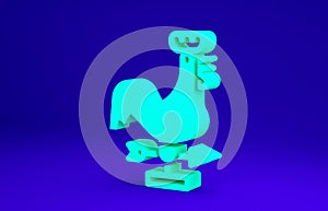 Green Rooster weather vane icon isolated on blue background. Weathercock sign. Windvane rooster. Minimalism concept. 3d