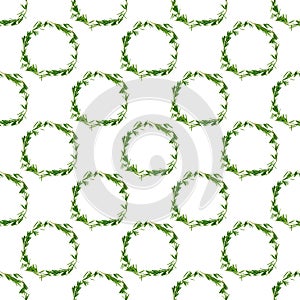 Green rosemary leaves, twigs and branches as a round wreath circle seamless pattern on white background.
