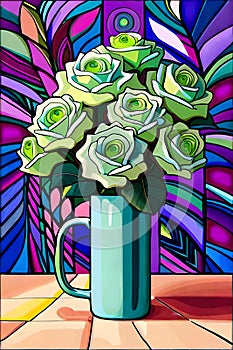 green roses in a vase. mosaic pop art style. ai generated