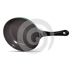 Green round frying pan without lid for cooking, kitchen utensils, utensils. Side view