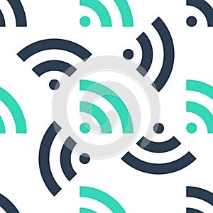 Green RSS icon isolated seamless pattern on white background. Radio signal. RSS feed symbol. Vector